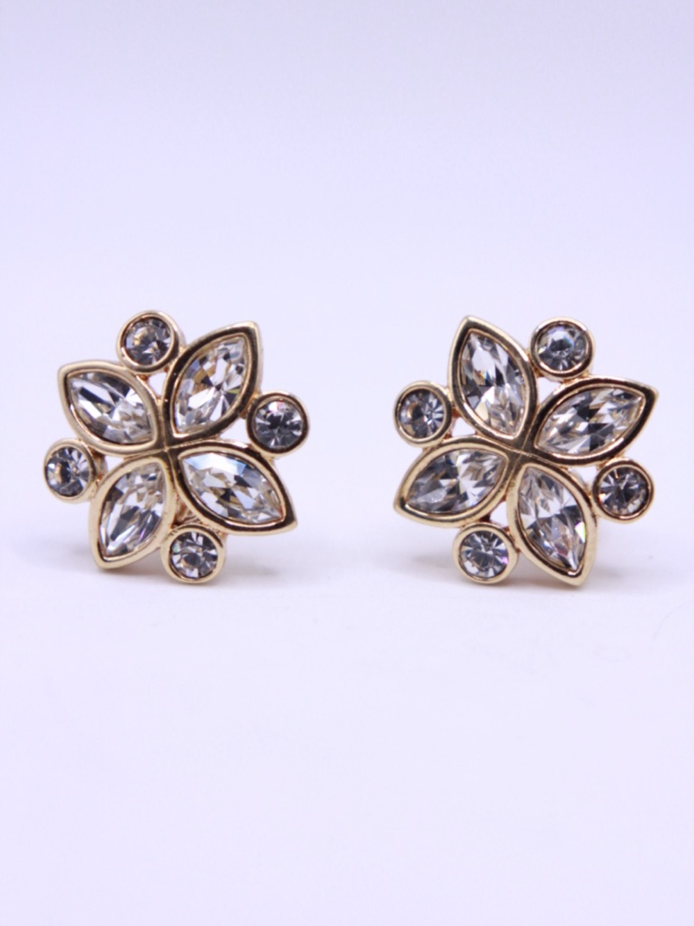 Vintage Swarovski Gold tone Clear Crystal Floral Stud Earrings